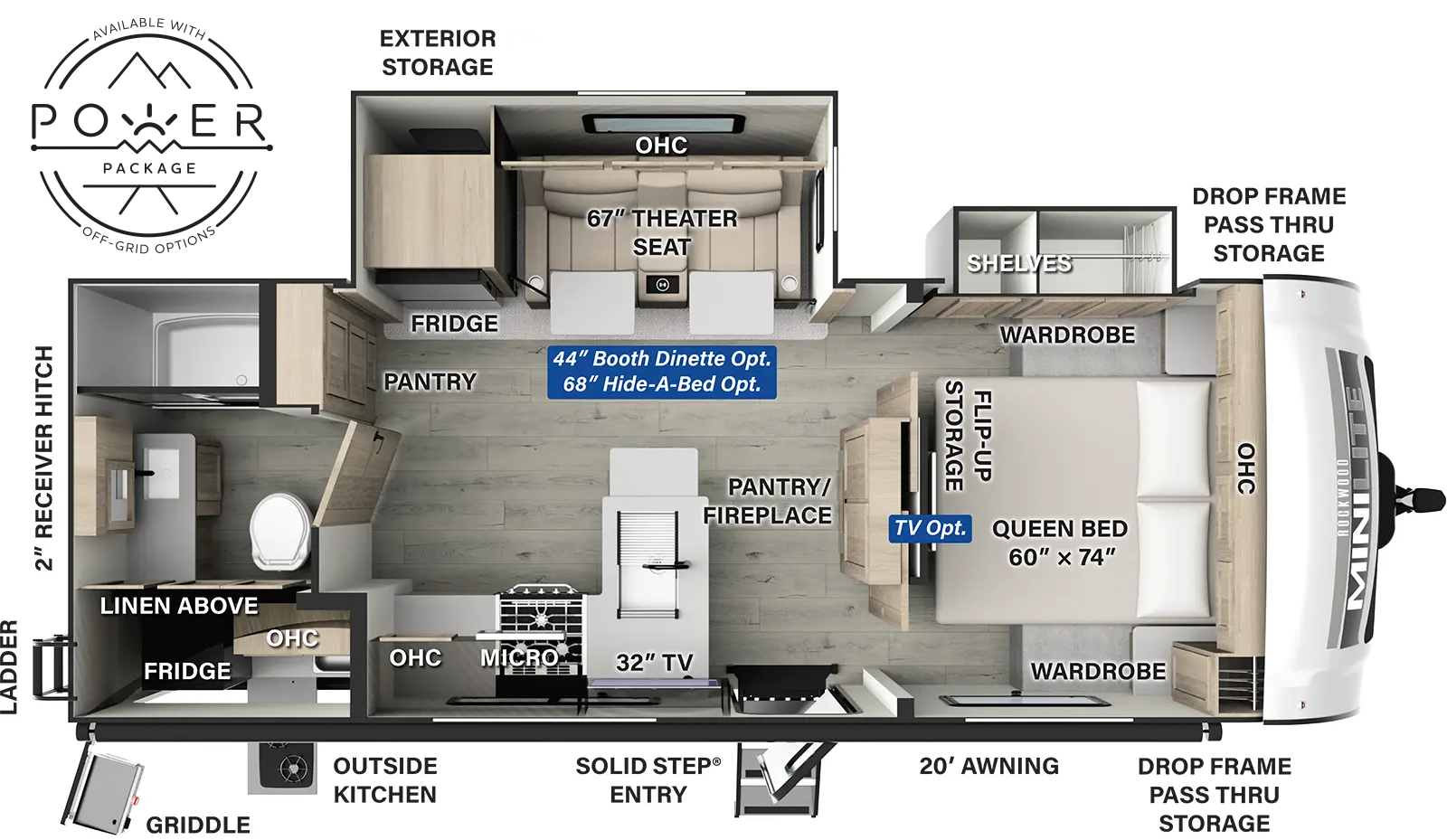 The Rockwood Mini Lite 2513S has one entry and two slide outs. Exterior features include: fiberglass exterior, 20' awning and outside kitchen. Interiors features include: front bedroom.